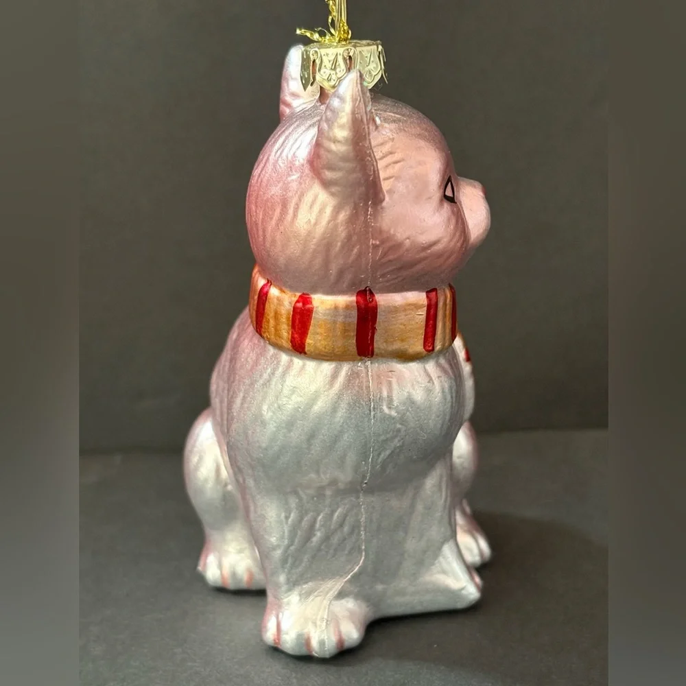 Elegant Pink Iridescent Feline Cat Striped Scarf Blown Glass Ornament Home Decor